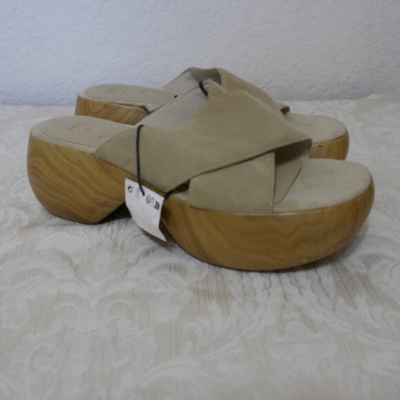 Zara Leather Suede Neutral Chunky Platform Slip On Criss Cross Sandal Slides 9 - Picture 1 of 13